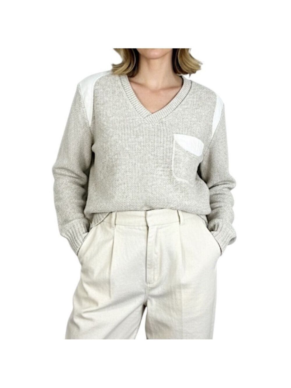 Vintage 80s 90s oatmeal beige shoulder patch v neck pullover tennis sweater XS